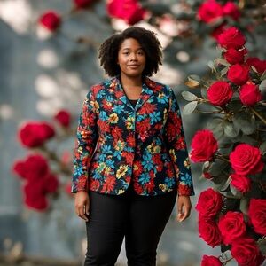 Jessica London Floral Blazer Womens 28 Black Multicolored Flowers Business Lined